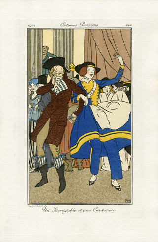 Rare pochoir fashion illustration from Costumes Parisiens Journal des Dames et des Modes, 1912–1914, with hand-applied color and gold enhancement