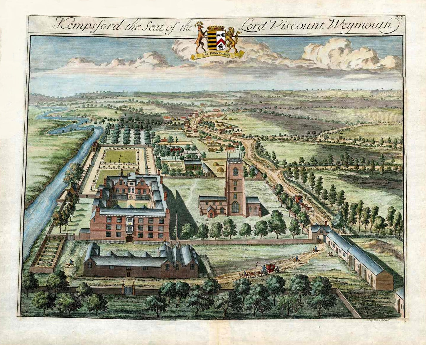 Antique architectural engraving of an English stately home by Johannes Kip, circa 1712