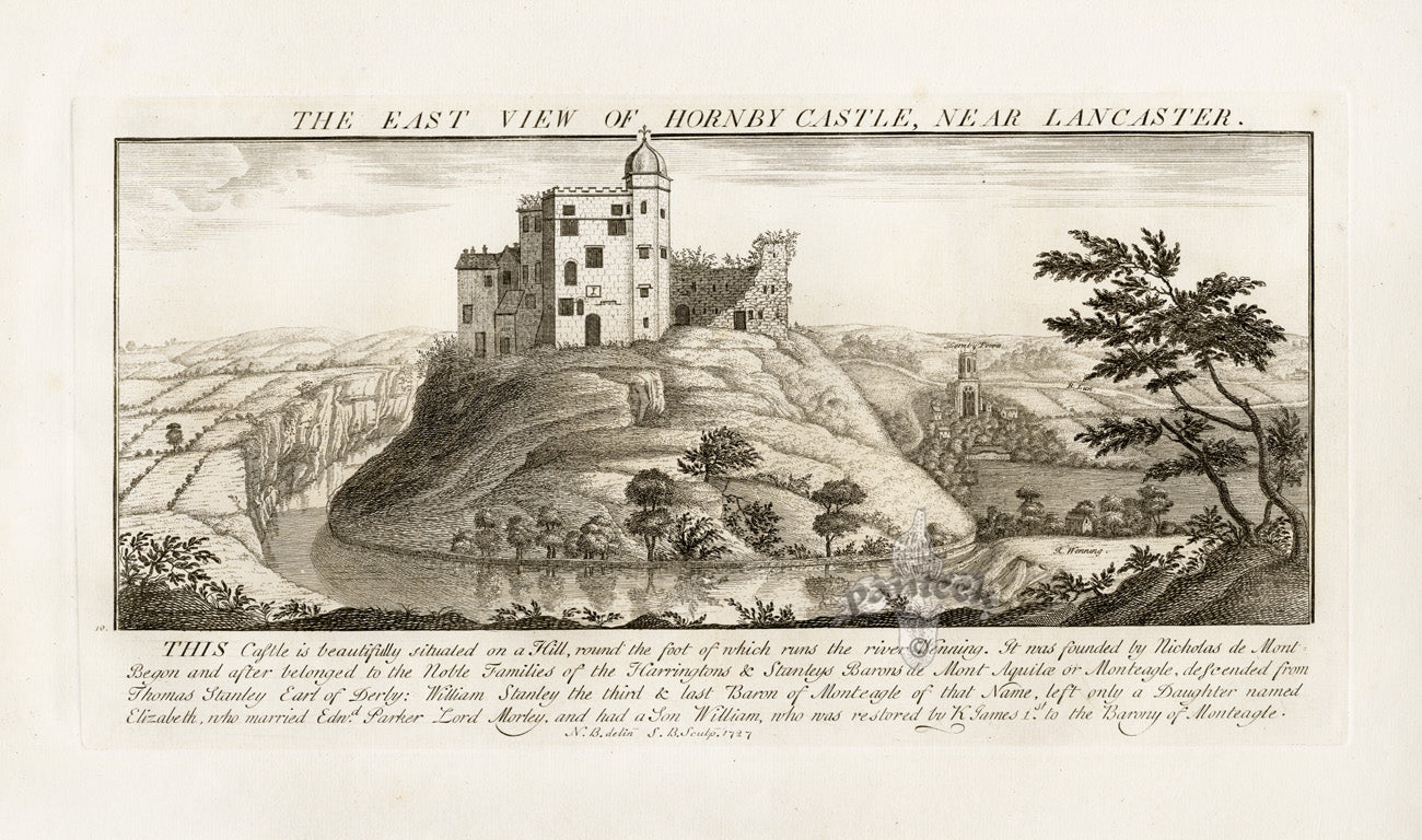 Antique black and white copper engraving of an English castle or abbey ruin by Samuel and Nathaniel Buck, 1726–1742