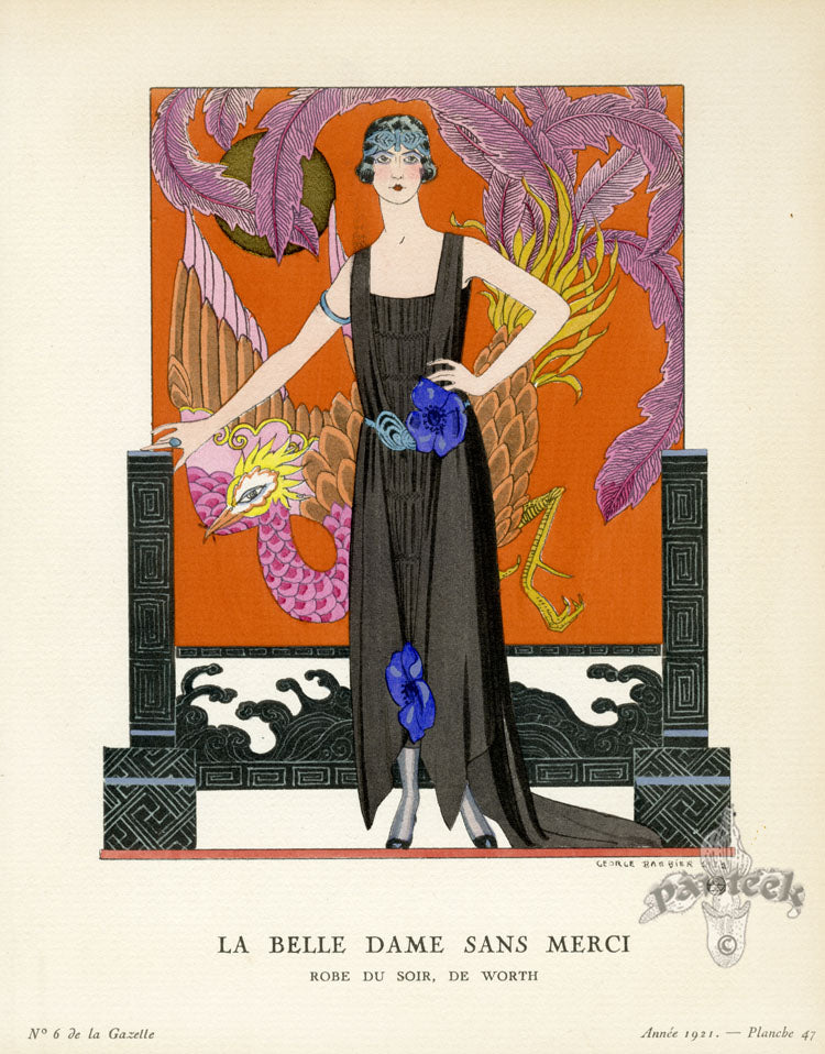 Original Art Nouveau pochoir print — hand-colored fashion illustration from Panteek featuring works by Barbier and Mucha