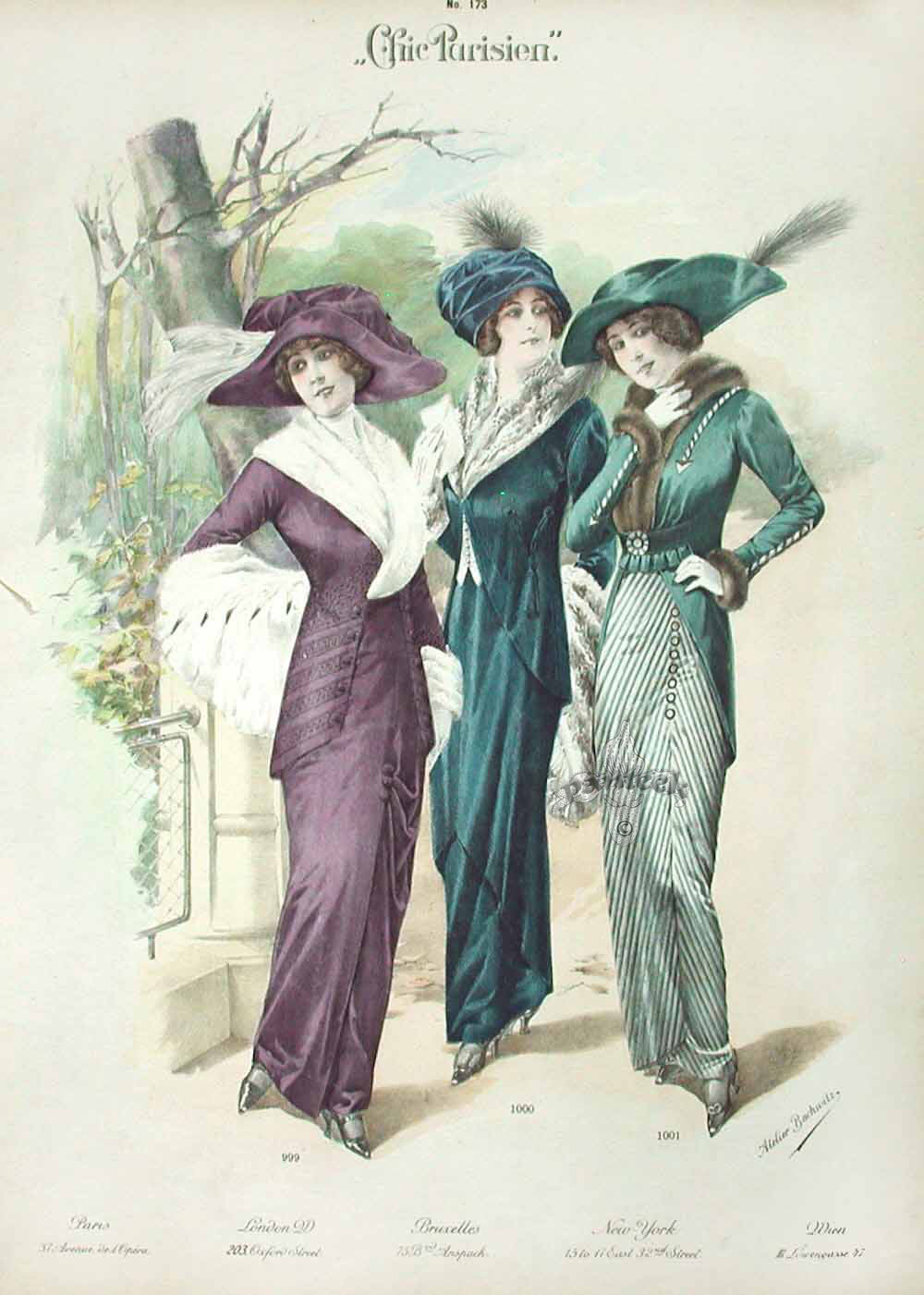 Original full-color French fashion illustration from Chic Parisien, 1913, featuring early 20th century Parisian haute couture