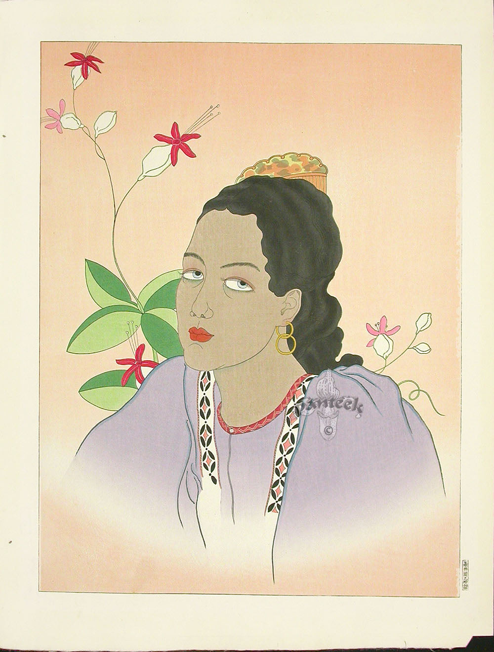 Rare woodblock print by Paul Jacoulet — French ukiyo-e bijin-ga or Micronesia subject, from Panteek