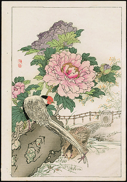 Original Japanese woodblock print by Kono Bairei from Kacho Gafu — Meiji Period bird and flower print, from Panteek
