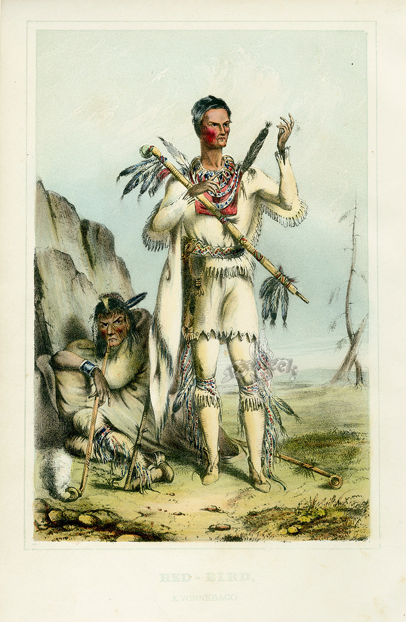 McKenney Hall hand colored antique portrait lithograph of North American Indian chief 1855
