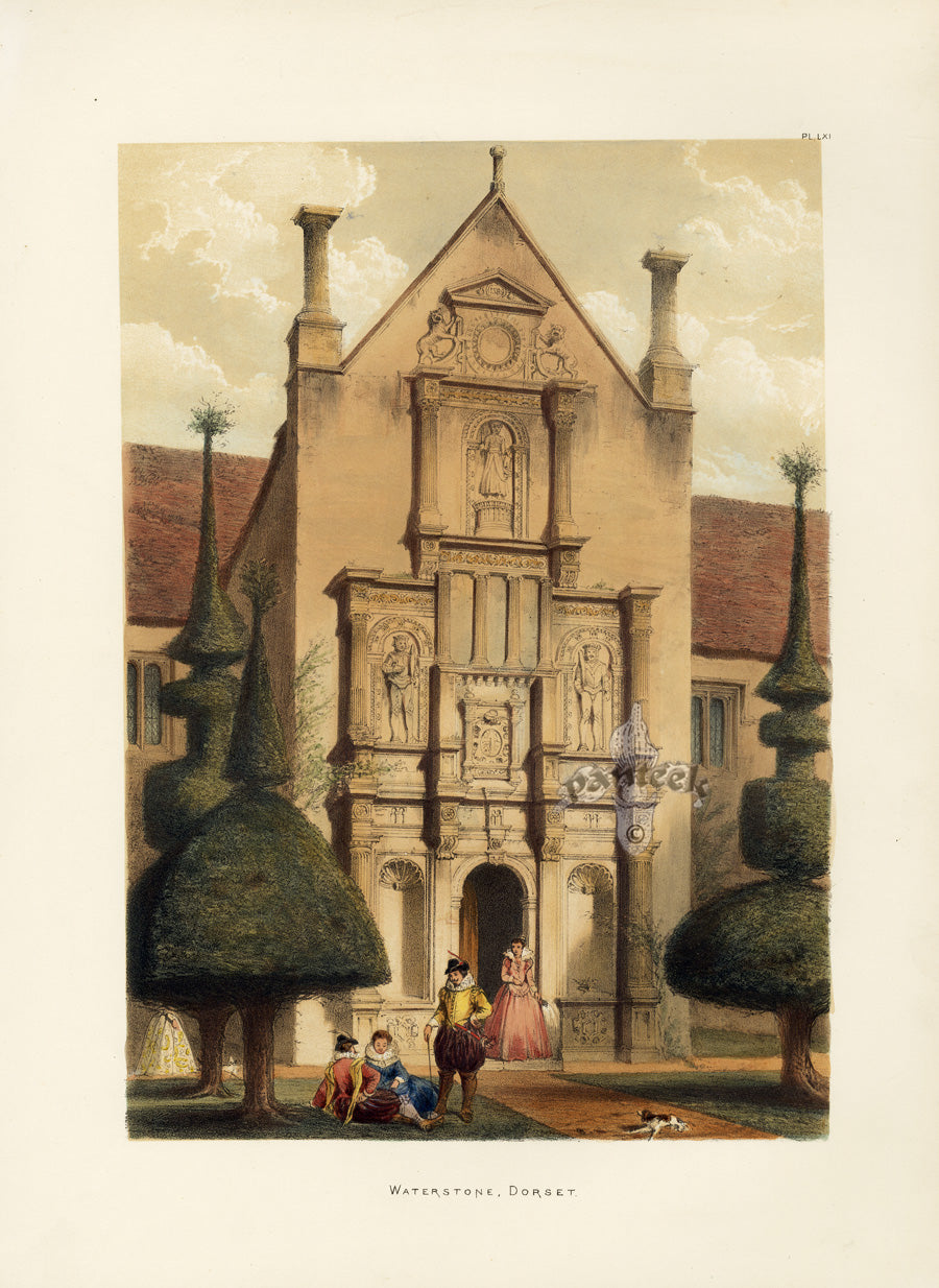 Nash hand colored antique lithograph of English Tudor mansion interior from Mansions of England in the Olden Time 1870 Shall I apply this?