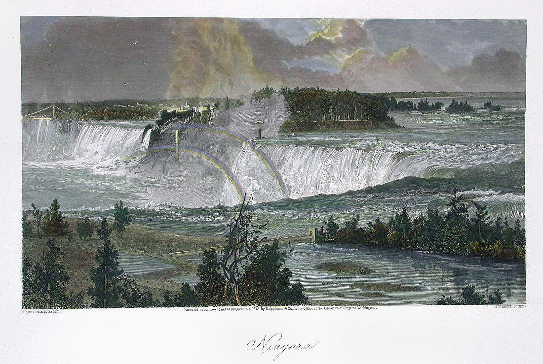 Antique hand-colored steel engraving from Picturesque America, 1872, landscape view by American artists including Thomas Moran
