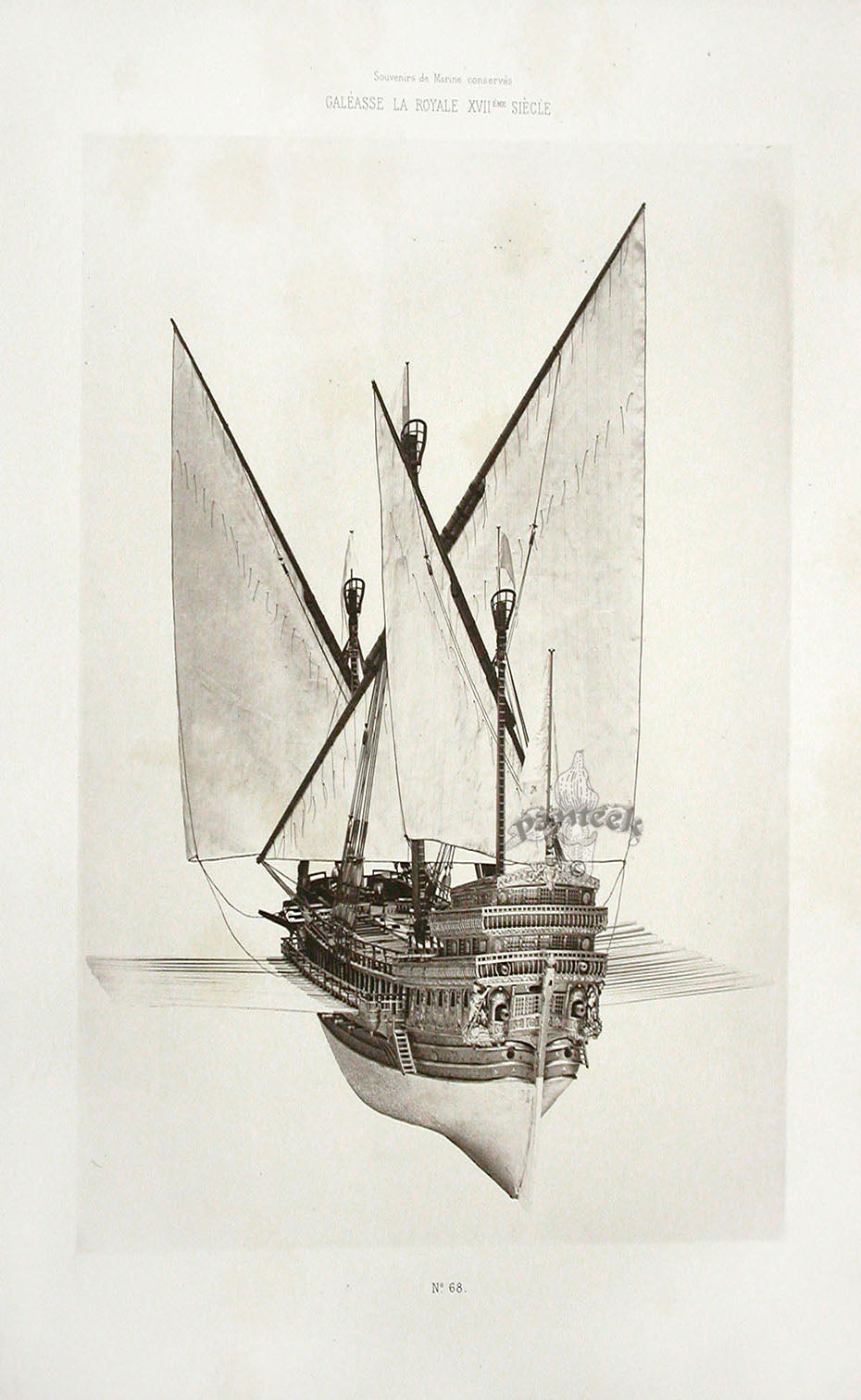 Antique photolithograph ship plan from Souvenirs de Marine Conservés, Paris 1882, Musée National de la Marine