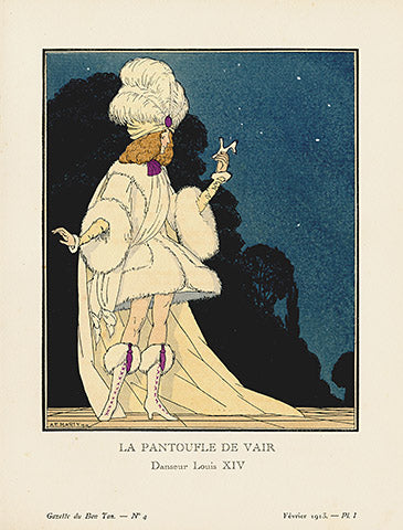 Rare pochoir fashion illustration from Gazette du Bon Ton, 1912–1928, by Georges Barbier or Georges Lepape — hand-applied color lithograph