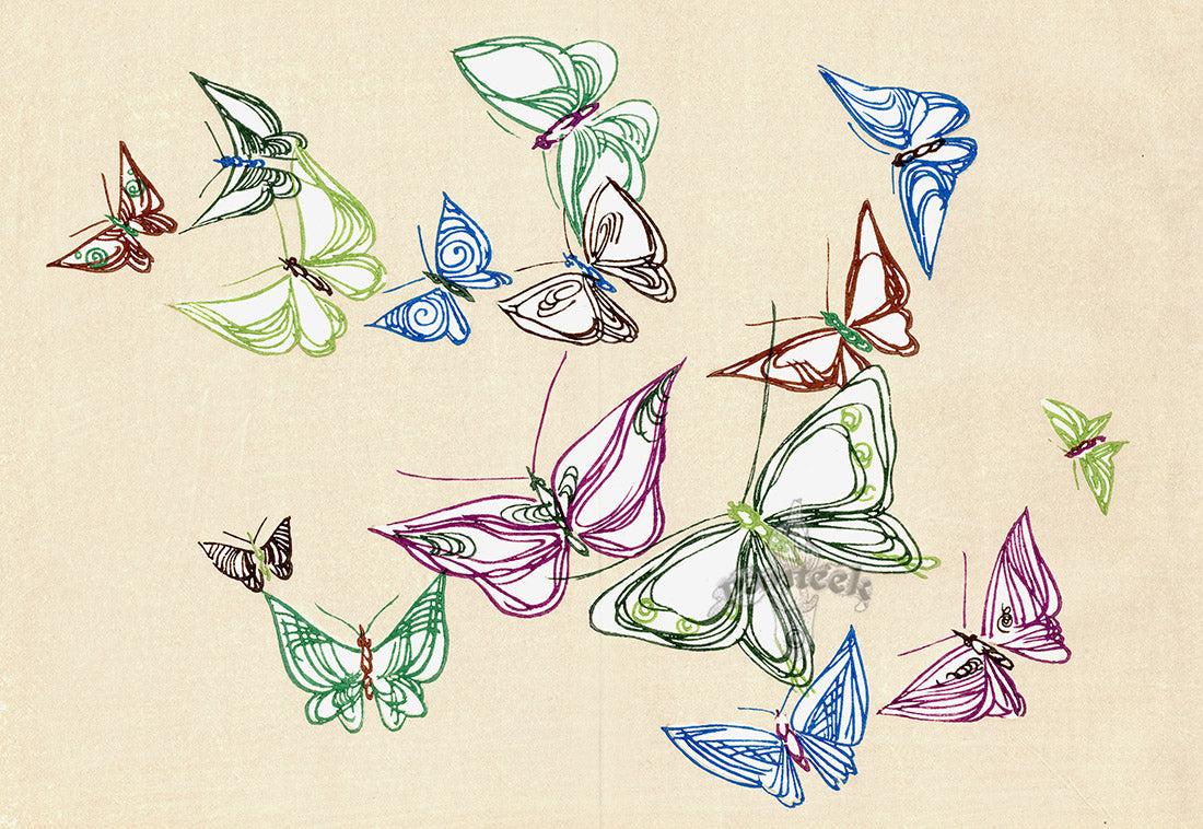 Original Japanese woodblock butterfly prints from Sekka's Cho Senshu, A Thousand Butterflies, Rimpa school, with vivid color and gold and silver leaf