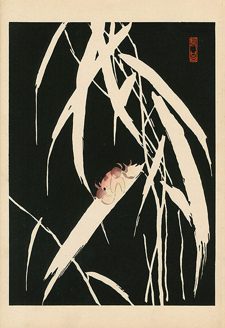 Tansai Gafu Japanese woodblock prints on thick board with strong colors combining abstract design elements and nature motifs, excellent condition