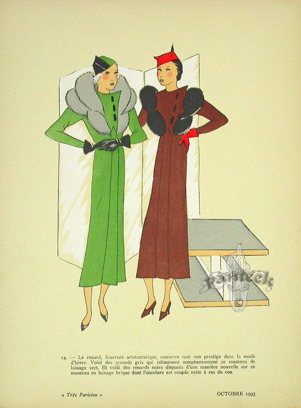 Rare 1920s pochoir fashion prints from Très Parisien magazine, hand-stenciled Haute Couture illustrations in vivid color on light card stock