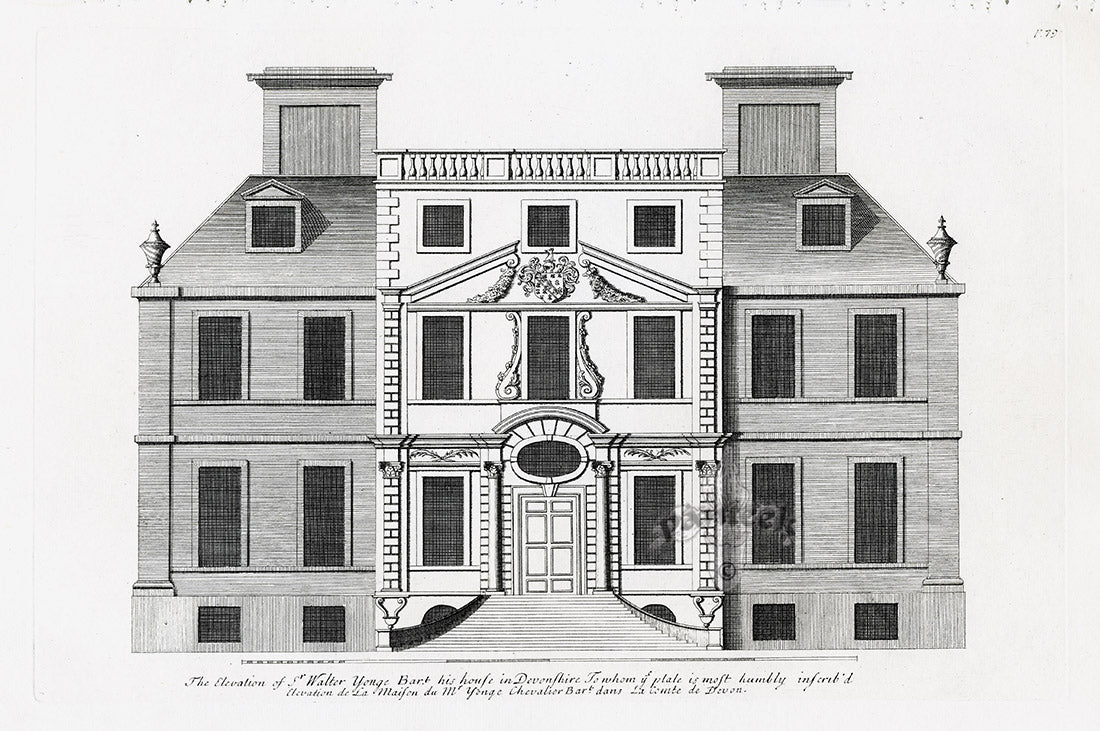 Rare 1715 copper plate architectural engravings from Vitruvius Britannicus by Colen Campbell, featuring Neo-Palladian buildings including Blenheim Palace, on chain-linked paper