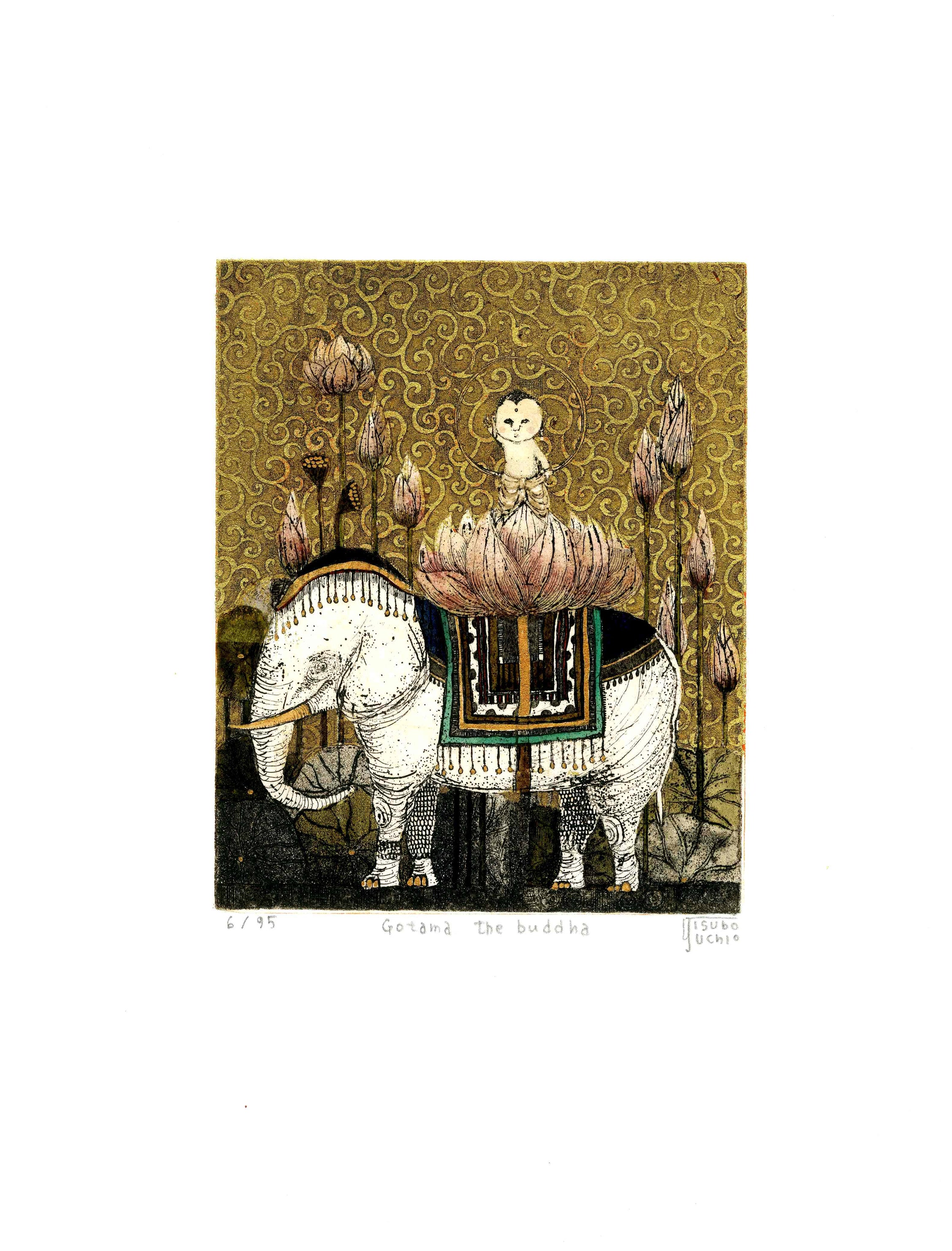 Yoshiko Tsubouchi Japanese Print Budddha on Elephant, Gold Leaf Sky