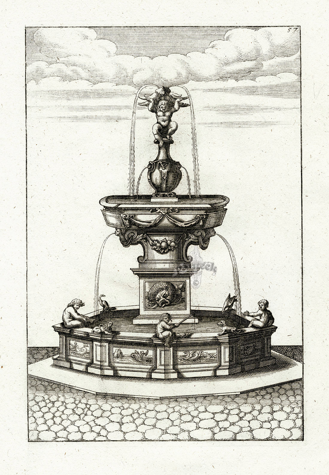 Bockler Architectura Curiosa Nova Fountain, Children Fishing