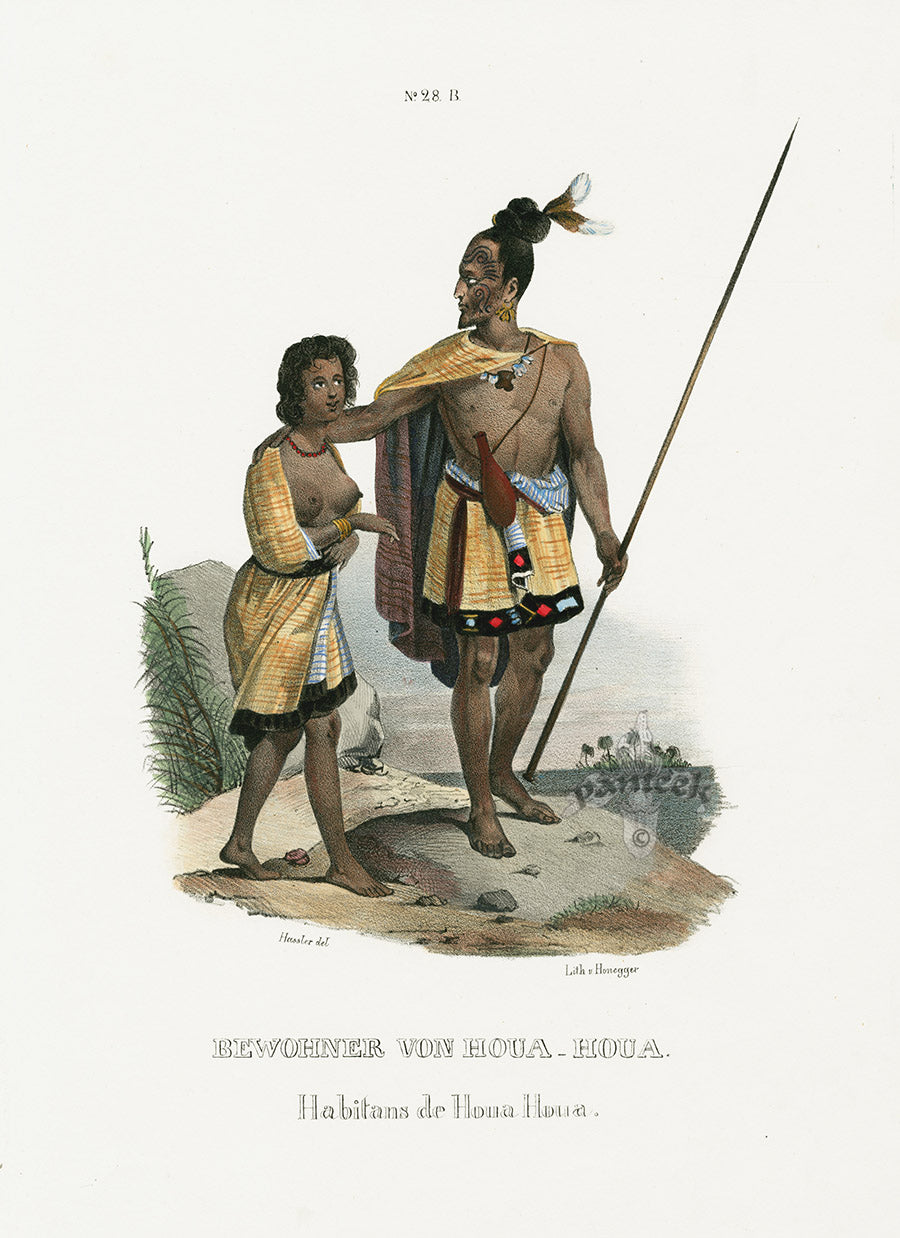 Bodmer Indigenous Peoples of the World Antique Print 1845 Houa-Houa Bay