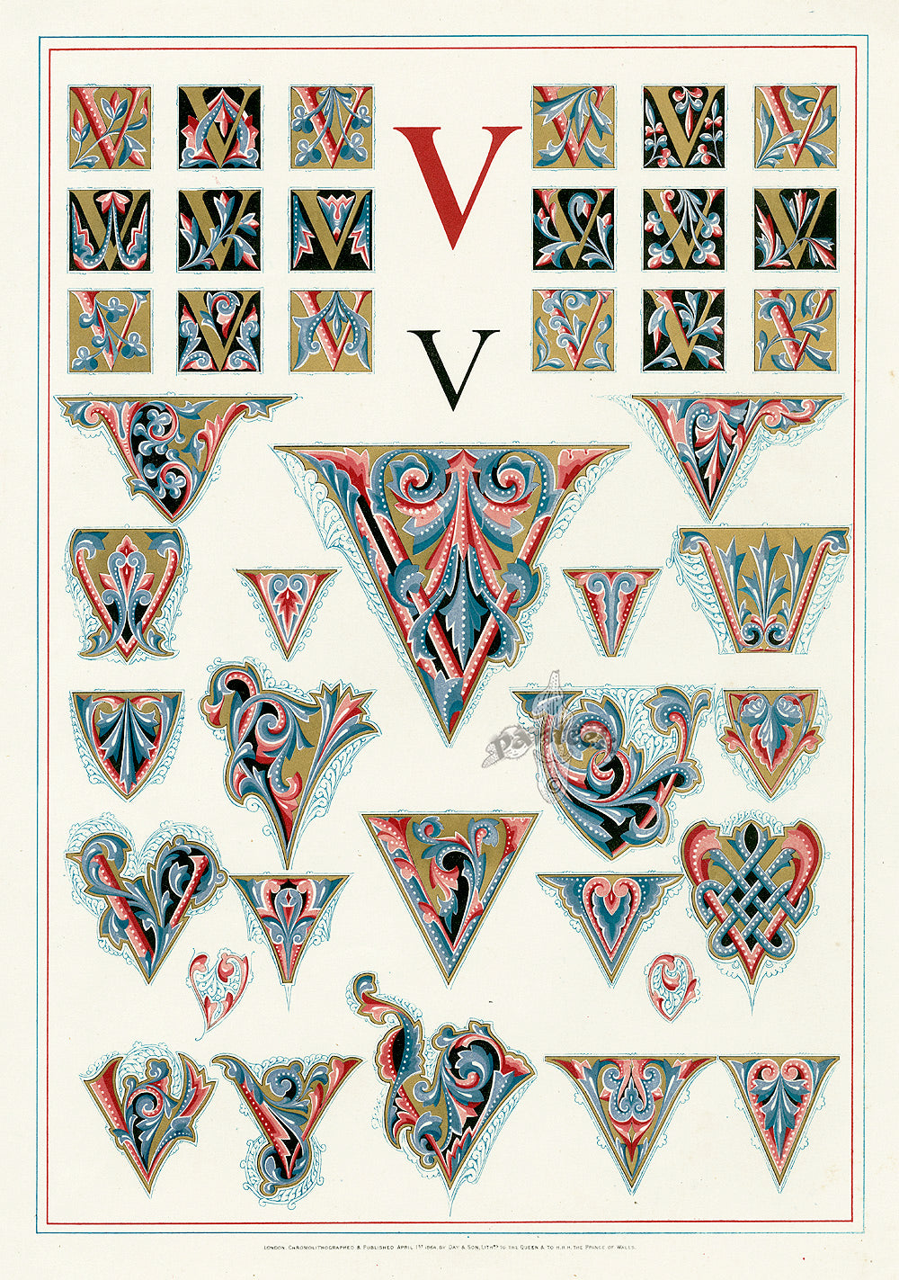 Owen Jones Initial Designs 1864 Print Letter V