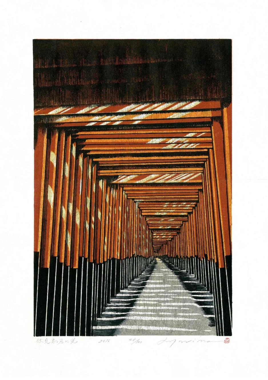 日本画ミニフレーム「 lampadaire」 Ray Morimura The Light Shines on Fushimi Torii Original Woodblock Prin