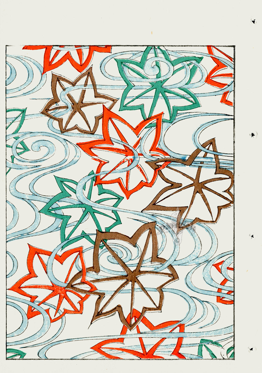 Shin-Bijutsukai Magazine Green, Red, Brown Leaves on Blue White Design