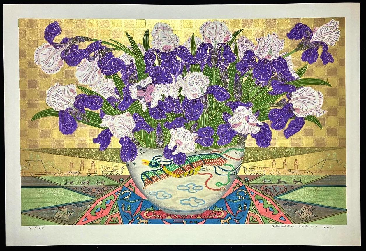 Yowsaku Sekino Iris Japanese Gold Leaf Very Large Rare Woodblock Print