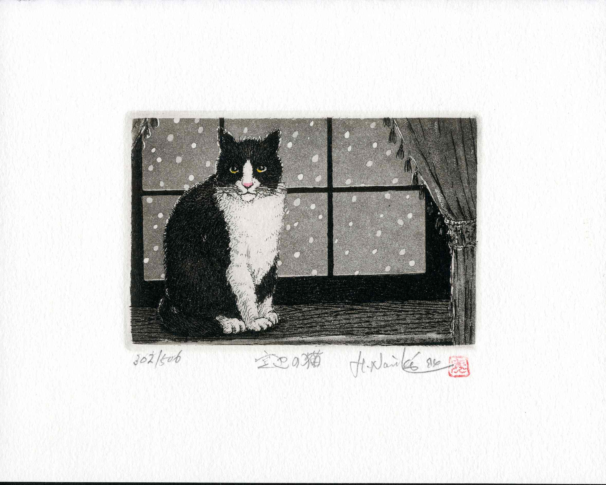 Hiroto Norikane Cat by Window in Snow KNK109A