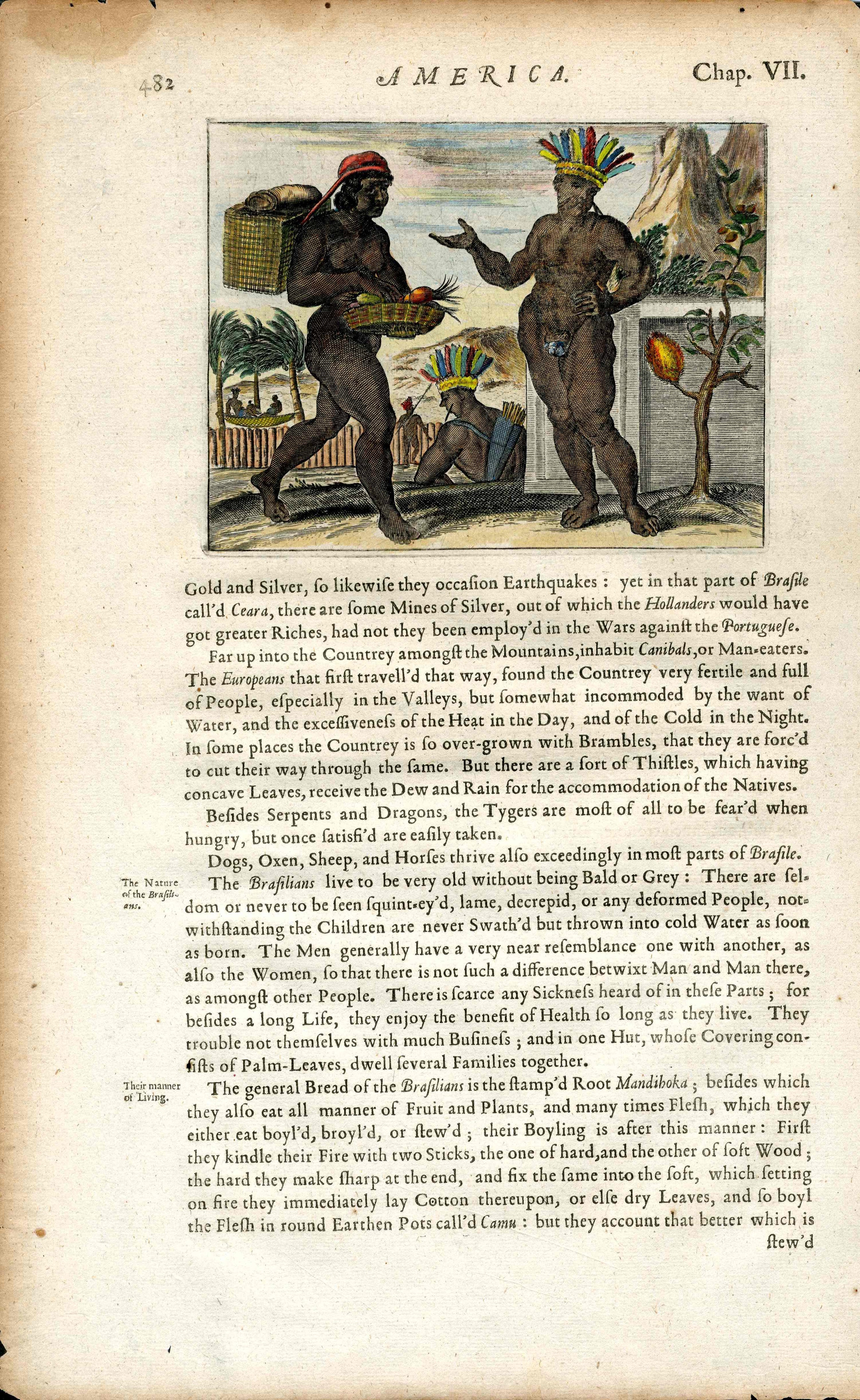 John Ogilby America 1671 Original Engraving Tupiniquini Tribe Brazil