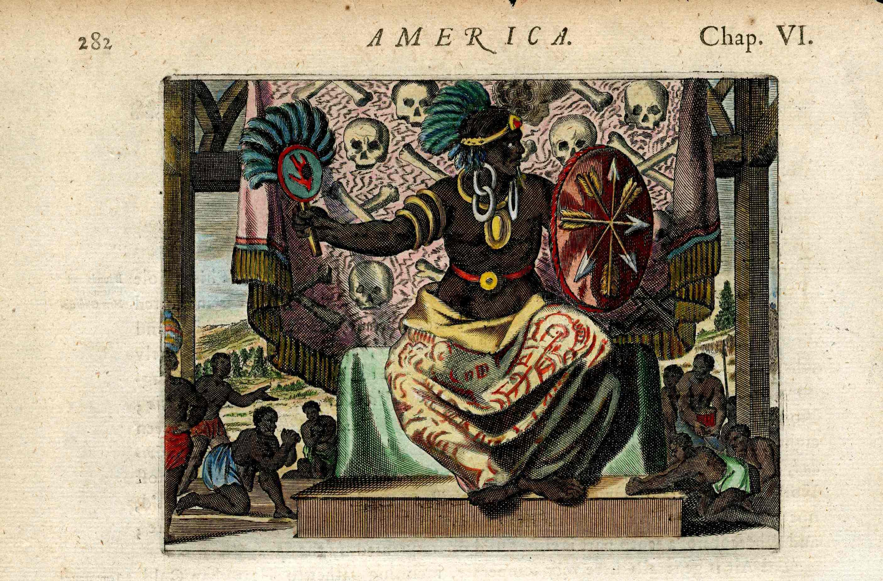 John Ogilby America 1671  Aztec Chief Wall of Skulls