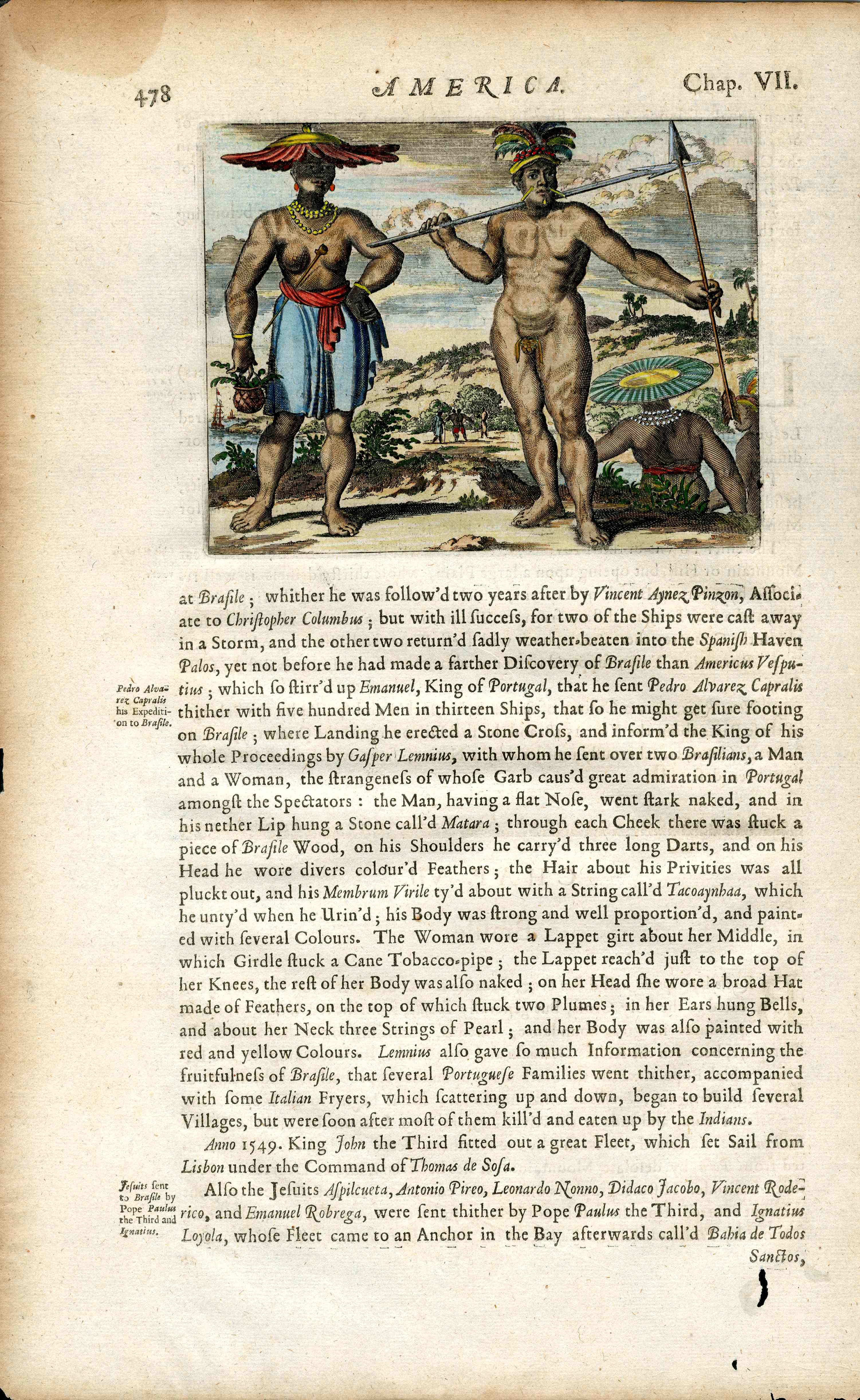 John Ogilby America 1671  Portugese Explorer Capralis, Tupiniguim Tribe Brazil - Panteek Antique Prints