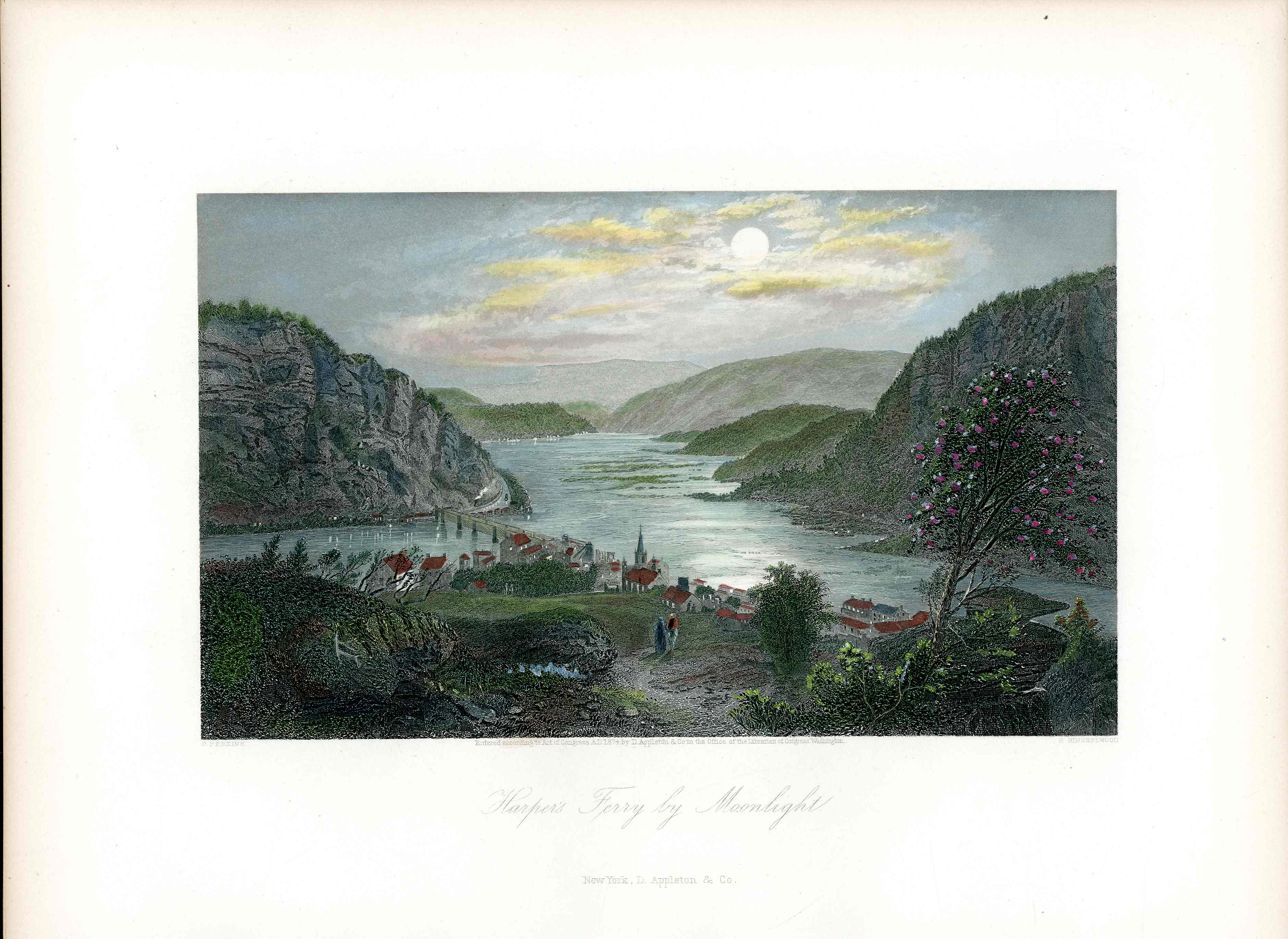 Picturesque American 1872 Harpers Ferry by Moonlight Original Print