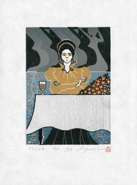 Ray Morimura Spring 1992 Woodblock Print Woman with Wine - Panteek Antique Prints