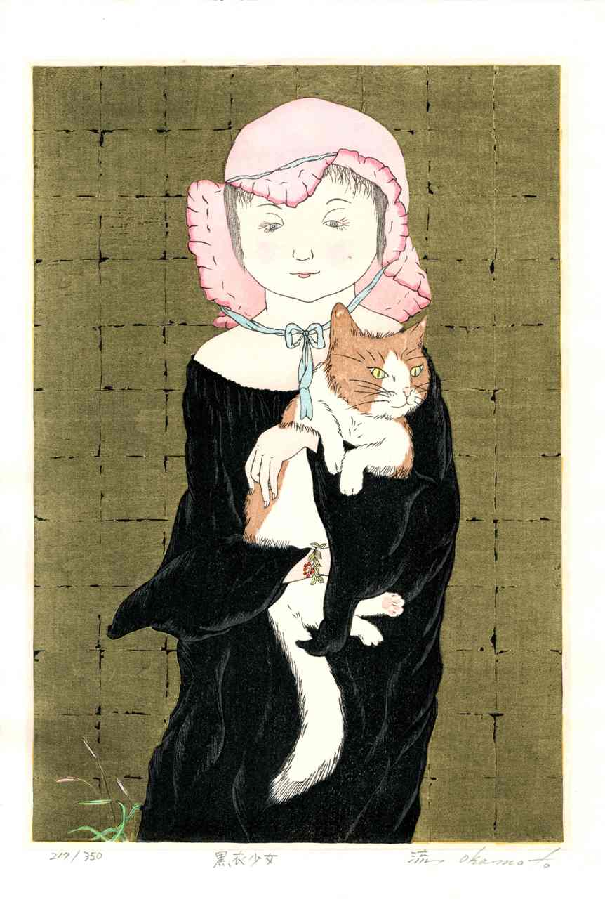 Ryusei Okamoto Original Woodblock Girl in Black and a Cat