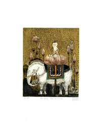 Yoshiko Tsubouchi Japanese Print Budddha on Elephant, Gold Leaf Sky