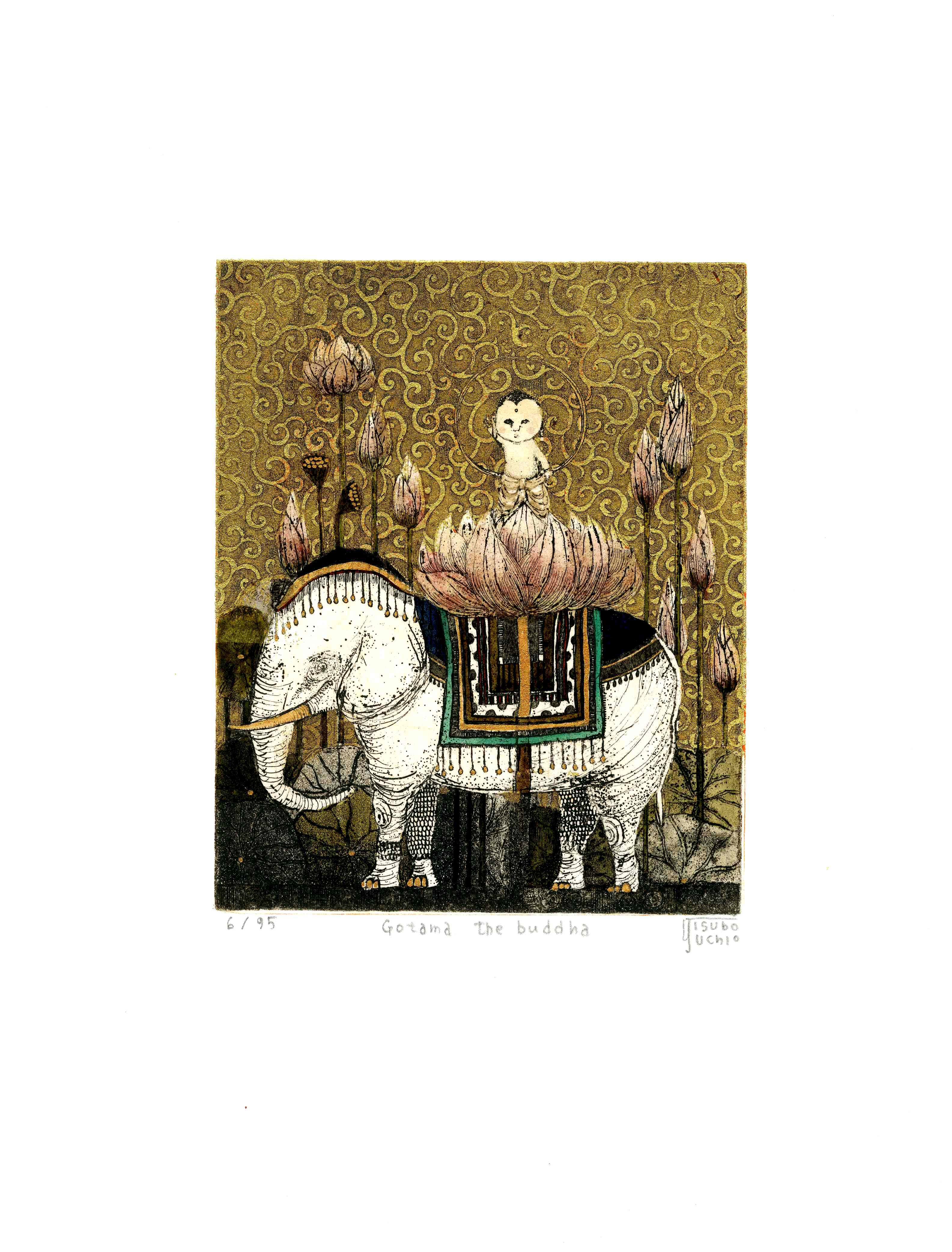 Yoshiko Tsubouchi Japanese Print Budddha on Elephant, Gold Leaf Sky