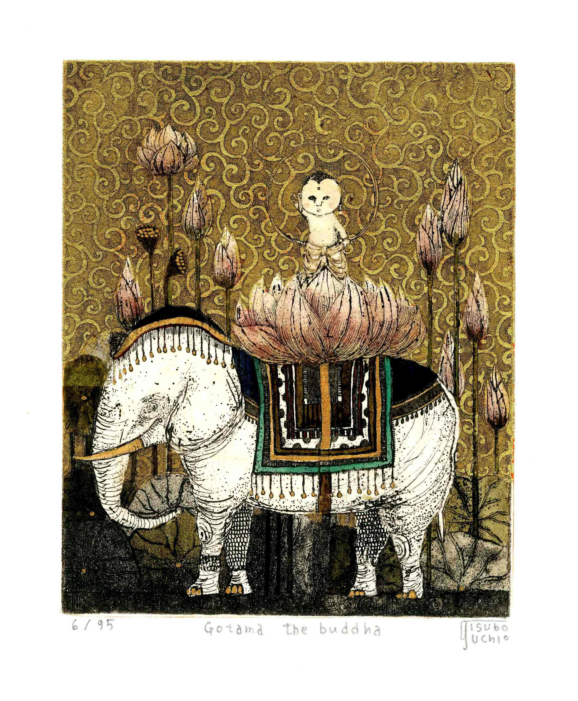 Yoshiko Tsubouchi Japanese Print Budddha on Elephant, Gold Leaf Sky