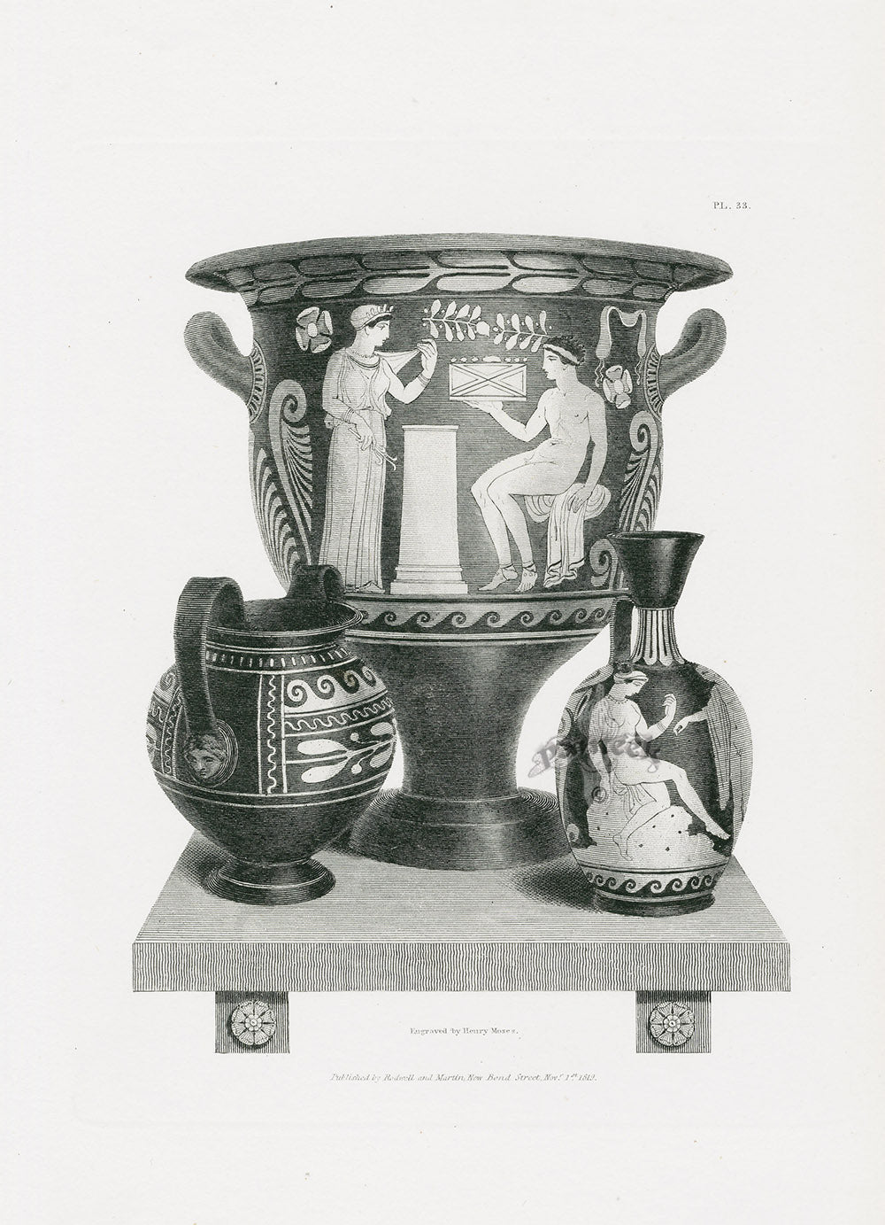 Henry Moses Print Etruscan 3 Vases on Plinth