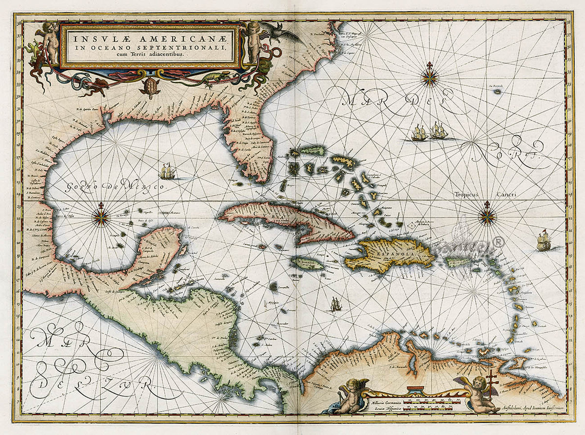 Antique Map Willem Janzoon Blaeu, Insulæa Americanæ c1740 LARGE