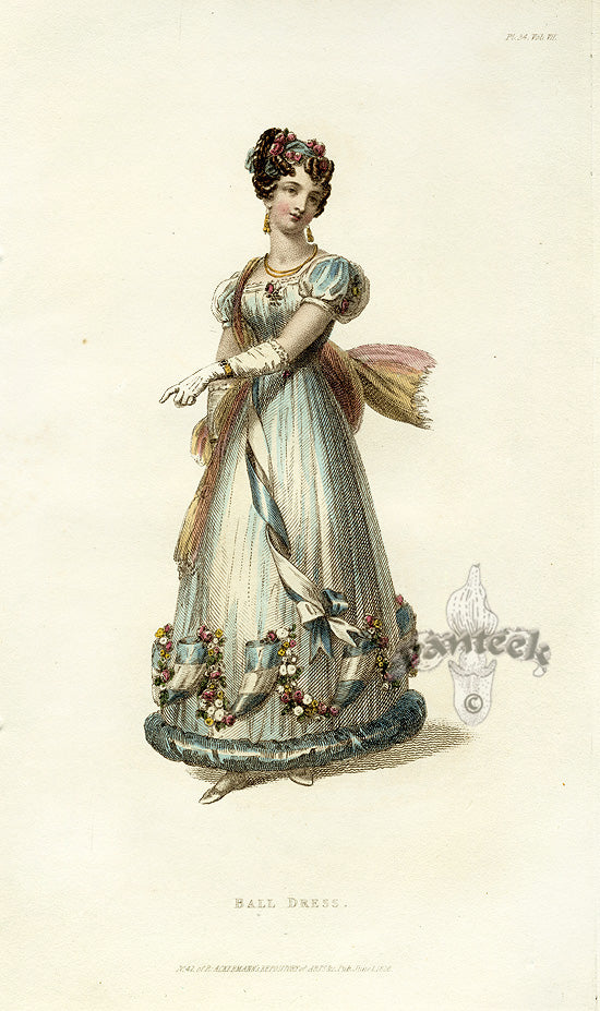 Ackermann's Repository Fashion Prints 1825 Blue Ball Dress