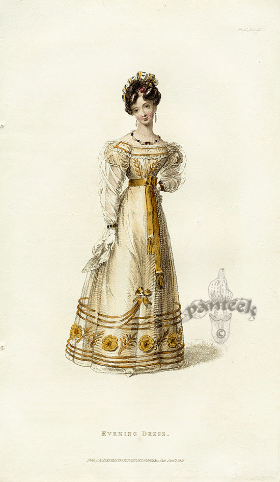 Ackermann's Repository Fashion Prints 1825 Gold Flowers Evening Dress
