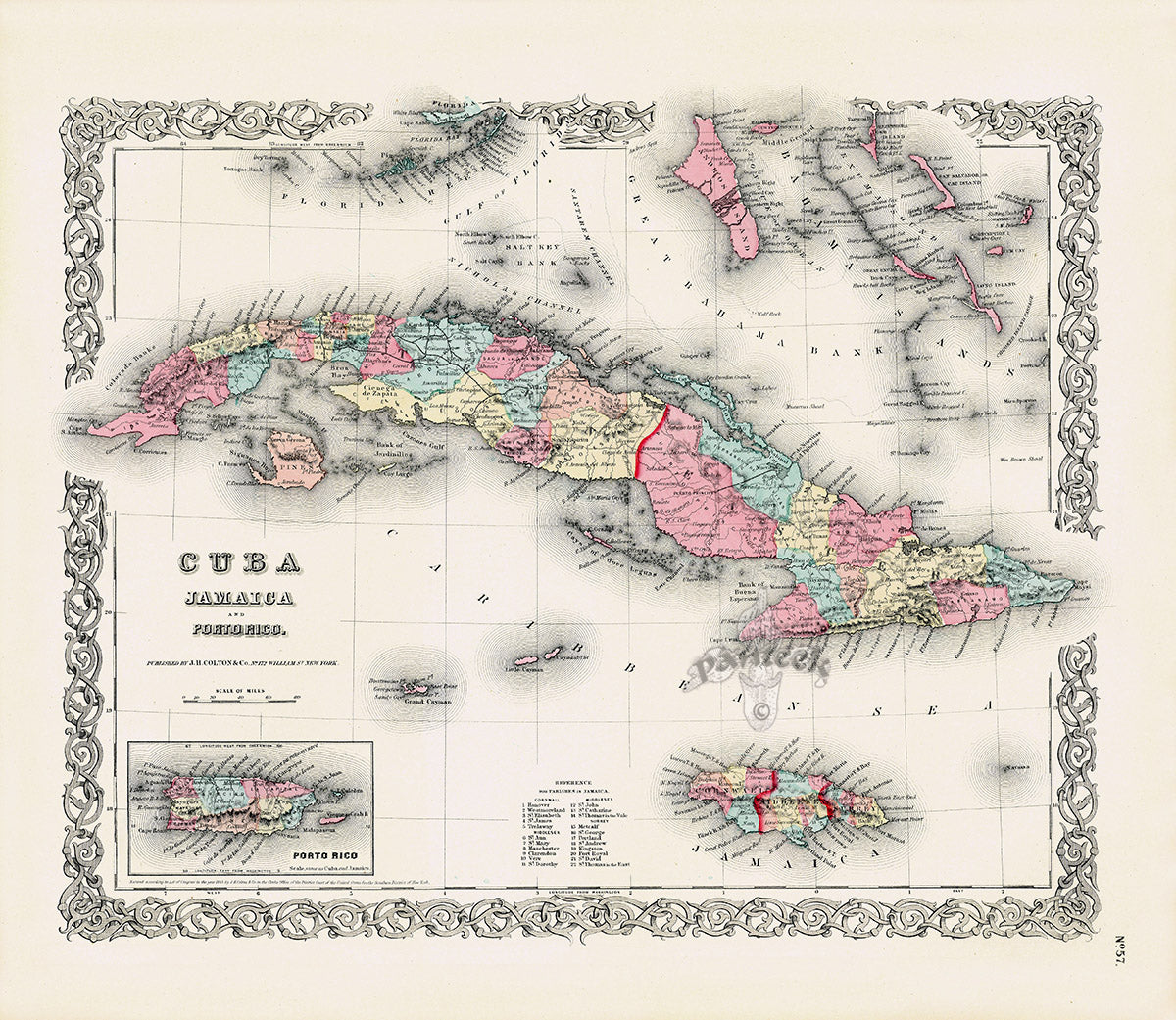 Antique Map Prints Colton Atlas Cuba, Jamaica, Puerto Rico