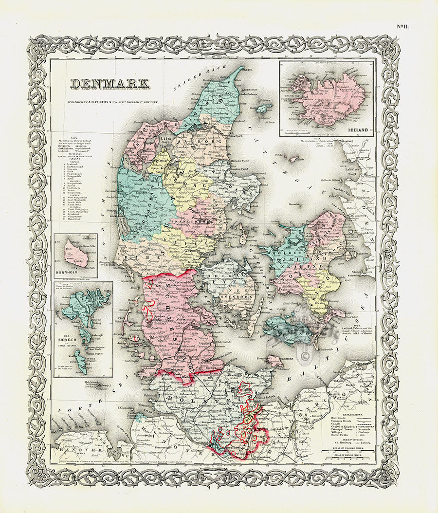 Antique Map Prints Colton Atlas Denmark