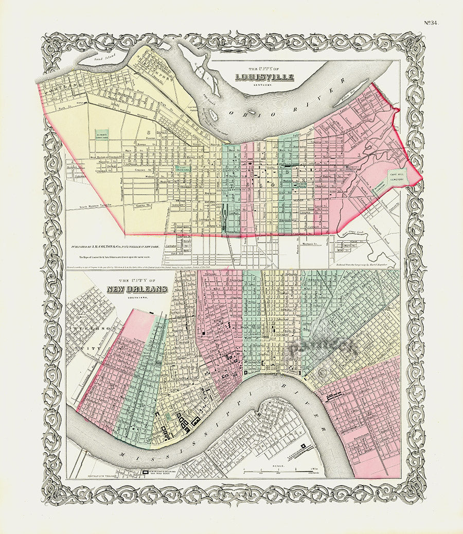 Antique Map Prints Colton Atlas Louisville, New Orleans
