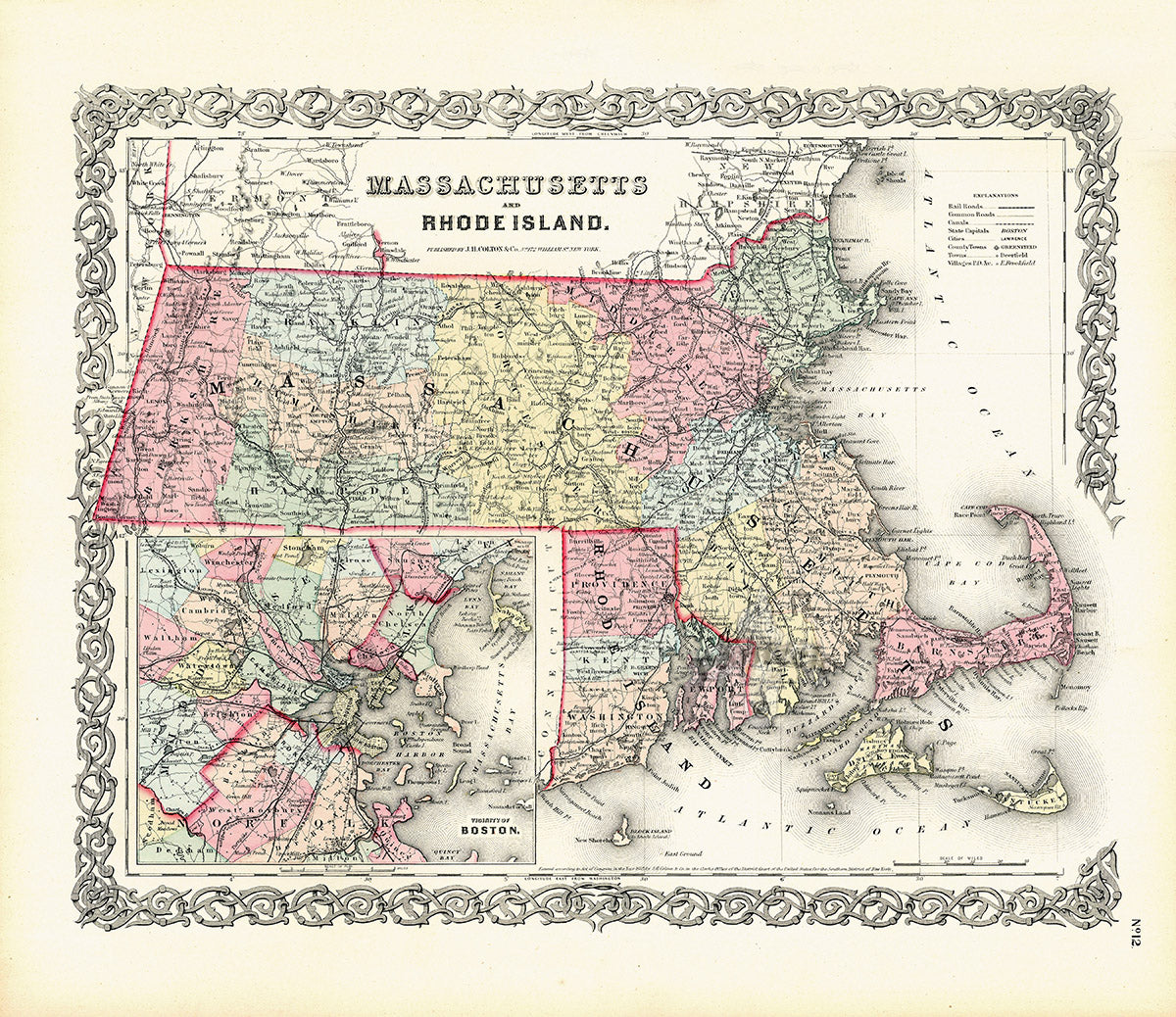 Antique Map Prints Colton Atlas Massachusetts & Rhode Island