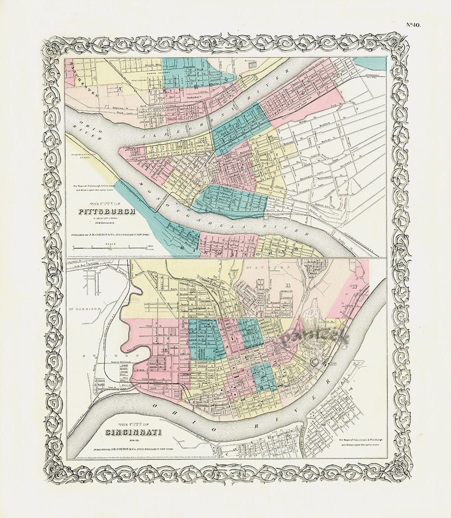 Antique Map Prints Colton Atlas Pittsburgh, Cincinnati