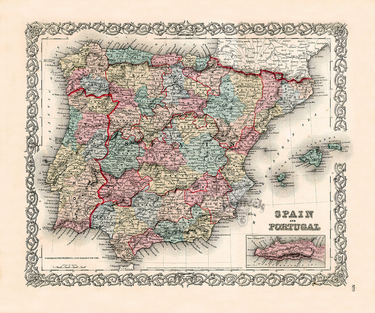 Antique Map Prints Colton Atlas Spain & Portugal