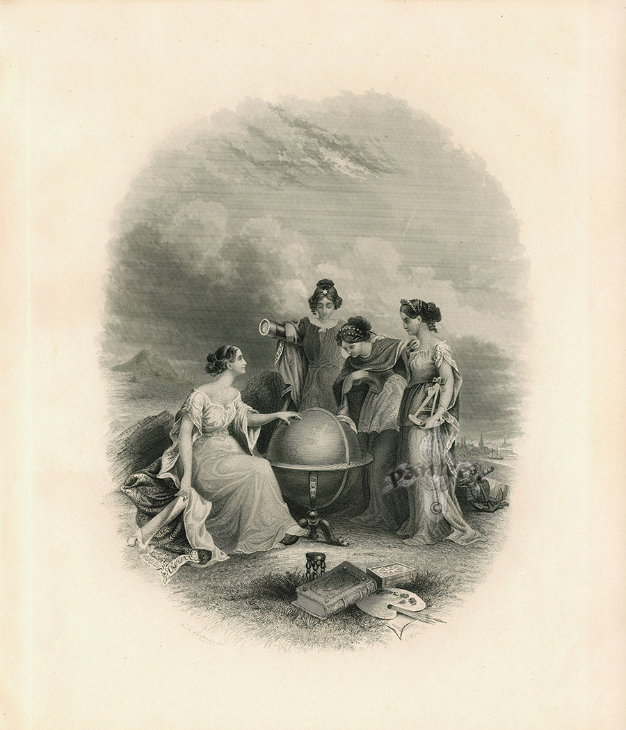 Antique Map Prints Colton Atlas Title Page Women & Globe