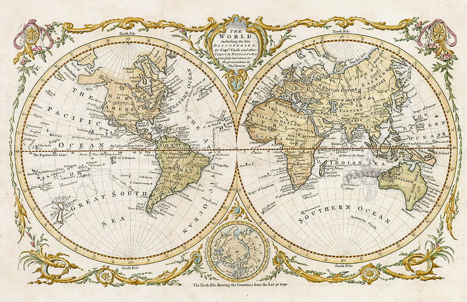 Antique Maps of the World, America, Arctic 1690, World 1775