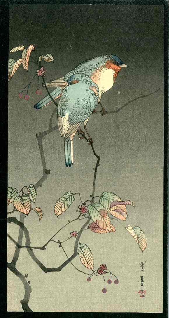 Blue Birds at Night 1930 Seitei Wantanabe Original Woodblock
