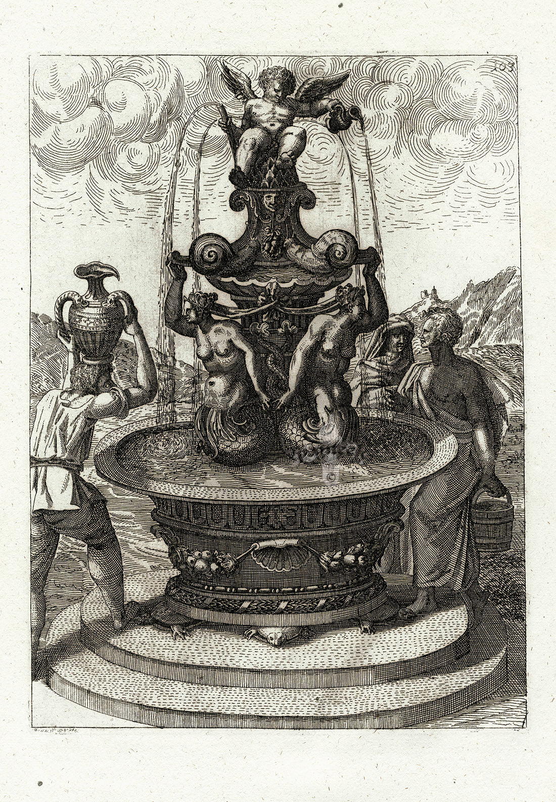 Bockler Architectura Curiosa Nova Fountain, Cherub Urn