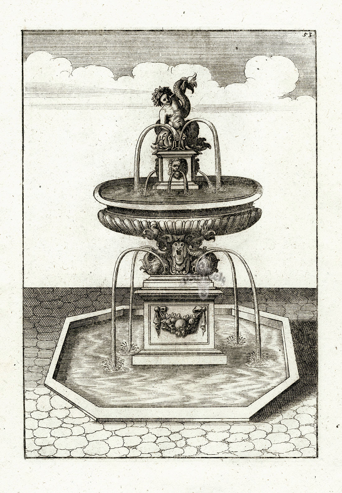 Bockler Architectura Curiosa Nova Fountain, Dolphin Rider