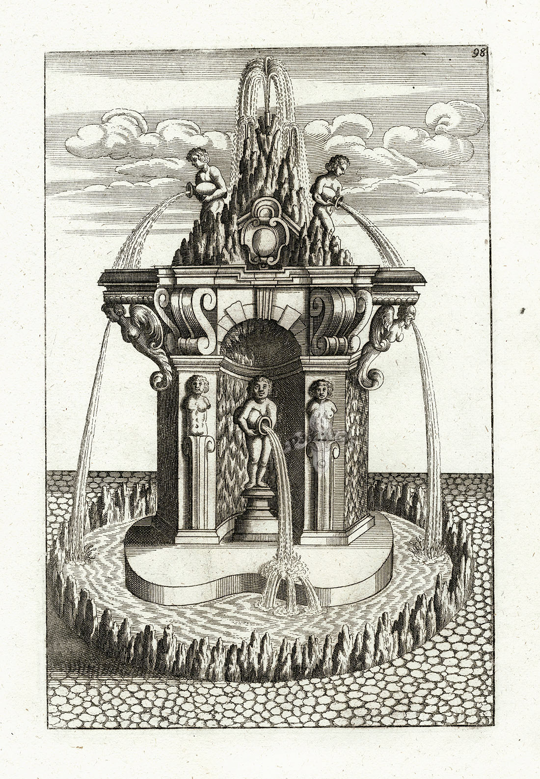 Bockler Architectura Curiosa Nova Fountain, Youths with Urns