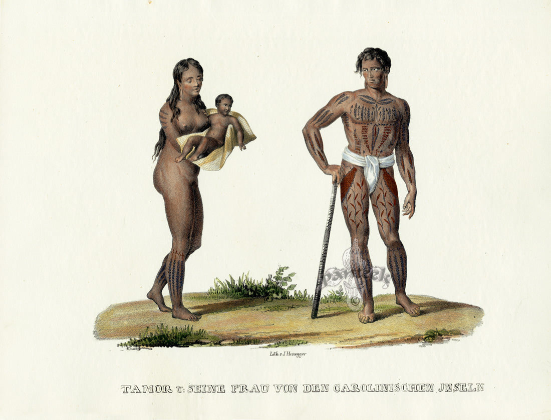 Bodmer Indigenous Peoples of the World Antique Print 1845 Caroline Islands Inhabitants